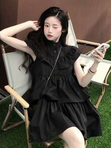 简约黑色盖袖连衣裙，无袖，高品质，修身，优雅迷你连衣裙，适合夏季 - 黑色 - 查看 1