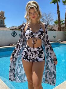 3 Piezas Traje de Baño Bikini para Mujer,Bañador,con Brasier Push Up, Short de Baño de Tiro Bajo y Blusa de Manga Larga para Sol, Estampado de Árboles Tropicales en Verde, Conjunto Sexy y Moderno de Playa para Vacaciones de Verano ,Ideal para Vacaciones en la Playa o Fiestas en Barco, Incluye Protección Solar - Negro - Ver 3