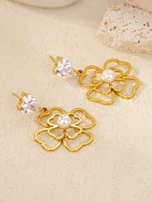 1 对女士锆石珍珠四叶草耳环金色不锈钢花朵耳环圣诞婚礼珠宝礼物 - 彩色 - 查看 1