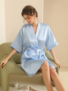 Women's Silk Nightgown Wedding Dressing Robe Lightweight Cardigan Robe Bridal Morning Robe Friend's Robe, Suitable For Home And Hotel Wear. - Light Blue - View 4
