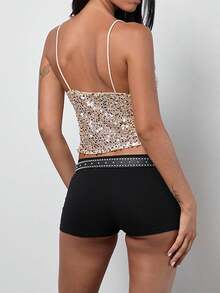 Women's Summer Sequin Tops Spaghetti Strap Sleeveless Backless Fashion Vest Clubwear For Party Holiday - Vàng - Xem 5