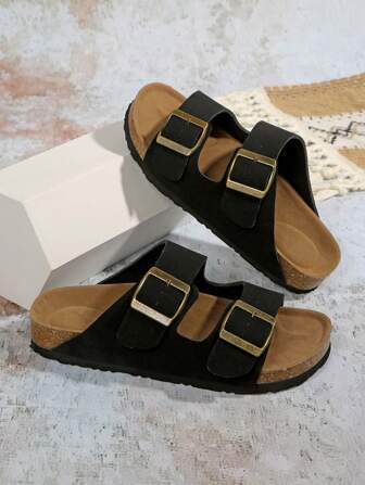 2025 Summer New Men's Sandals, Solid Color Double Strap Leather Upper Slip-On Arch Support Comfortable Soft Cork Bottom Beach Slippers Suitable For Daily Outdoor, Walking, Casual, Metal Buckle Decor Flat Slides, Size 37-47 Unisex