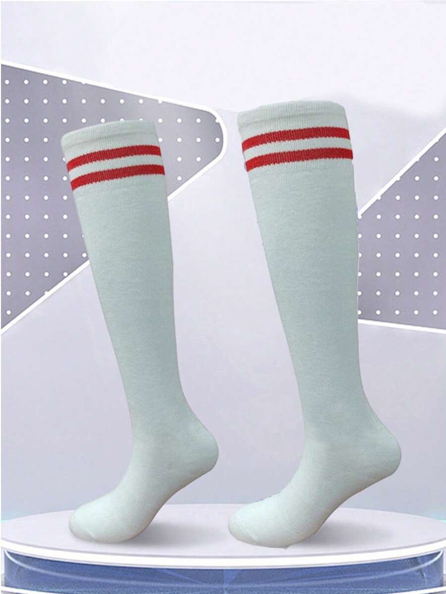 2-12岁儿童运动袜宝宝透气长筒袜男童条纹足球袜适合男孩女孩户外运动及日常穿着 - 紅白色 - 查看 1