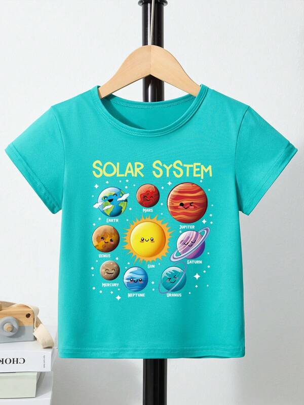 Young Boy Casual Letter & Cartoon Planet Graphic Print Short Sleeve T-Shirt, Suitable For Spring/Summer