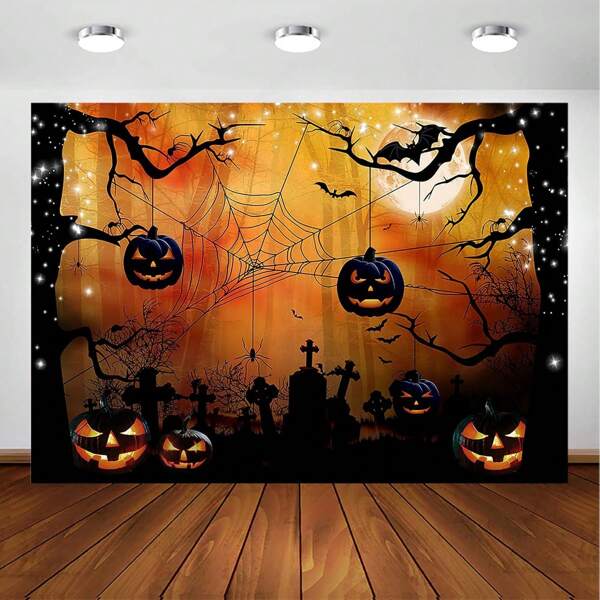 1 Halloween Background Decoration Prop, Creepy Nightmare Forest, No Need For Power, Multiple Sizes, Orange Multi-Color Durable Polyester Fiber Made Of Pumpkin Bat Full Moon Ghost Party Background Magic Witch Ghost Theme Party Decoration Portrait Suitable For Indoor And Outdoor Photography Studios Holiday Photography Tools