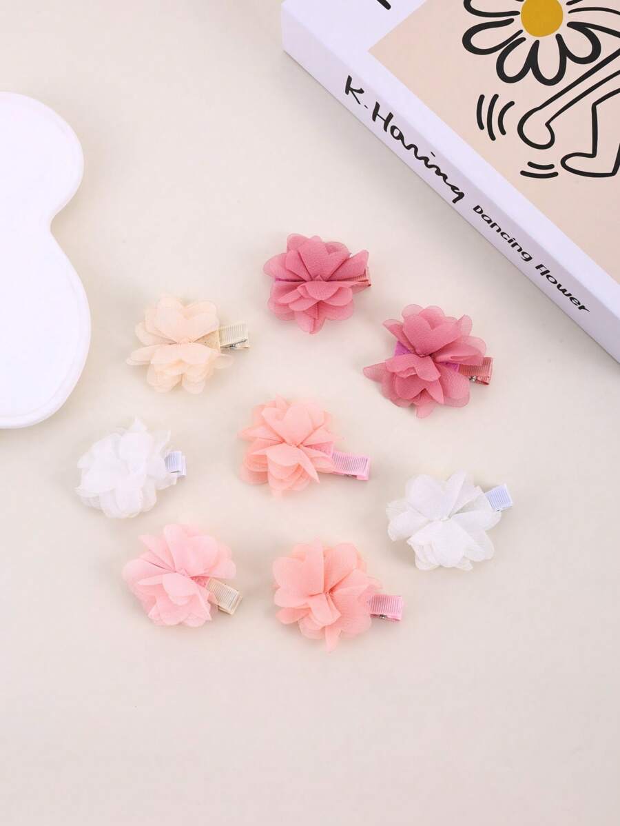 8pcs/Set Baby Girls' Cute Mesh Chiffon Flower Hair Clips, Back To School