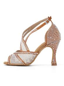 Women's Brown Latin Dance Shoes Breathable Mesh Tango Ballroom Dancing Shoes Cuban Heel Lady's Rhinestone Wedding Shoes 9cm Heel