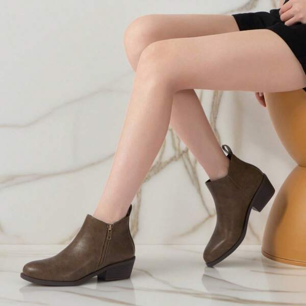 Women's Comfort Ankle Boots - Chunky Low Heel Round Toe Booties With Side Zipper For All-Day Wear