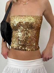 Women's Glitter Sequin Tube Tops Sleeveless Strapless Slim Fit Bandeau Tops Club Shirts - 金色 - 查看 6