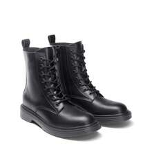 Women Lace-Up Combat Boots Ankle Booties Round Toe With A Lace-Up Front And Side Zipper Retro Motorcycle Boots - BLACK-MATTE - 查看 3