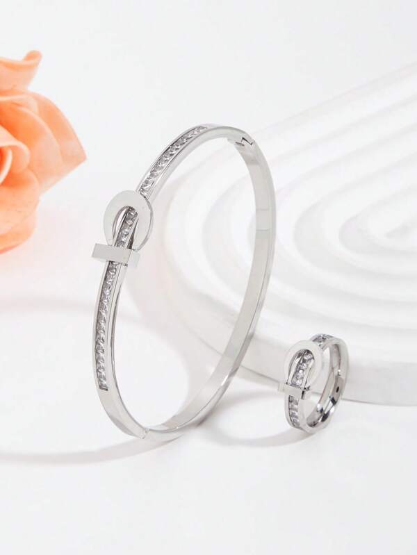 قطعتان/مجموعة واحدة من سوار وخاتم مجوهرات للسيدات مكون من سبائك فولاذية مقاومة للصدأ ومرصع بأحجار زركونيا مكعبة، هدية للخطوبة والزفاف والتنزه