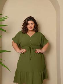 Batwing Dress Plus Size Midi Short Sleeve Duna Fabric Size U/G1 From 44 To 50 With Front Buttons Fashion Elegant Simple Casual Elegant Party Ruffle Hem Buttons On The Front Knot Wedding - 軍綠色 - 查看 1