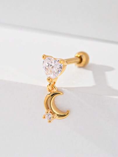 1 قطعة من أقراط الأذن بشكل القمر والنجوم من سبيكة النحاس المطعمة بالتفصيل، قاعدة مسطحة من الفولاذ المقاوم للصدأ 316L بقضيب مستقيم، رقيقة وجميلة للنساء للاستخدام اليومي