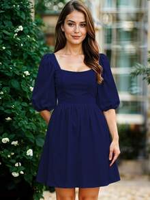 Vestido Corto de Escote Cuadrado con Manga Abullonada Casual para Mujer - Azul Marino - Ver 3