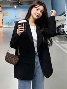 Blazers de Mujer, Mujeres casual suelta otoño Inglaterra delgada chaqueta de negocios ,Blazer informal de poliéster con cuello de solapa, botones al frente, manga larga y bolsillos para mujer, corte regular para uso diario - Negro - Ver 5