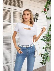 Womens Fashion Fall Cutout Long Sleeve Ribbed Slim Fitted Tops Shirts Tee Tshirts - 短白 - 查看 2