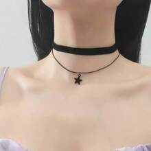 1pc Plush Velvet Double Layer Star Choker Necklace, Sweet And Cool Style For Daily Wear - Black - View 6
