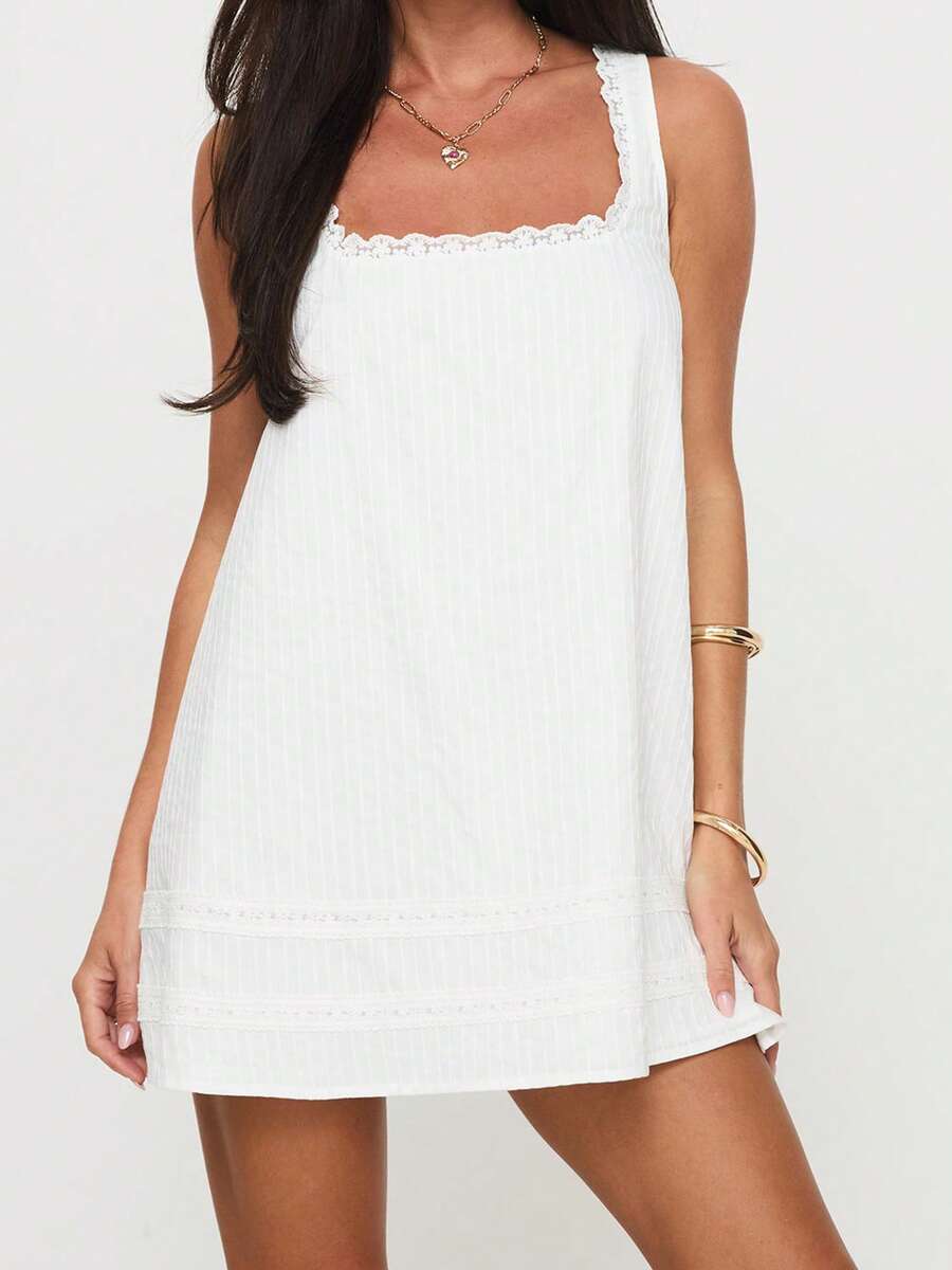 Women Loose Mini Dress Casual Summer Lace Patchwork Square Neck Sleeveless Party Dress For Beach Club Streetwear - 白色 - 查看 1