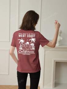 Camiseta de manga corta de mujer con cuello redondo, de uso casual, con estampado versátil y simple de árbol de palma, adecuada para el uso diario. Blusas gráficas de mujer en blanco, negro y rosa para atuendos de vacaciones