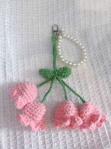 1pc Handmade Crochet Lily Of The Valley Keychain With Pearl Chain, Boho Style Bag Charm, Decorative Pendant For Backpacks Or Bags, Unique Birthday Gift Or Party Favor, 22cm (8.66 Inches) Length, Floral Design In Pastel Colors, Crochet Flowers