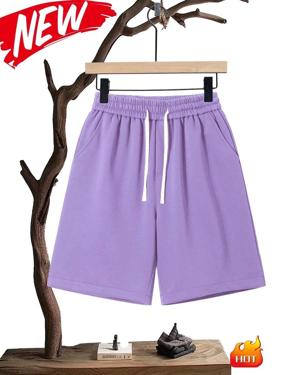 Unisex Casual Shorts, 300g Heavyweight Knitted Shorts, Skin-Friendly, Soft And Breathable Fabric, Drawstring Shorts, Elastic Waist Shorts, Suitable For Running And Sports, Suitable For Wearing At Home And Out, Knitted Shorts - 紫色 - 查看 1