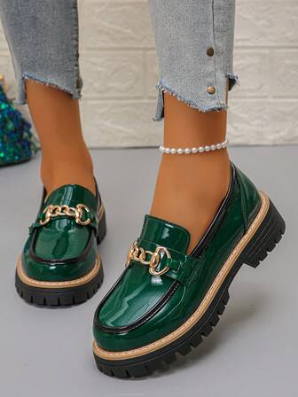 女士坡跟厚底一脚蹬鞋，纯色波西米亚风优雅复古金属链时尚百搭玛丽珍办公鞋