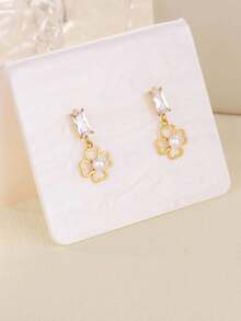 1 对女士锆石珍珠四叶草耳环金色不锈钢花朵耳环圣诞婚礼珠宝礼物 - 彩色 - 查看 6