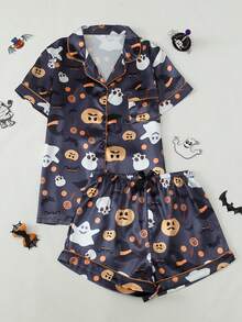 [梦幻]万圣节印花女士短袖短裤睡衣套装 - 灰石墨色 - 查看 1