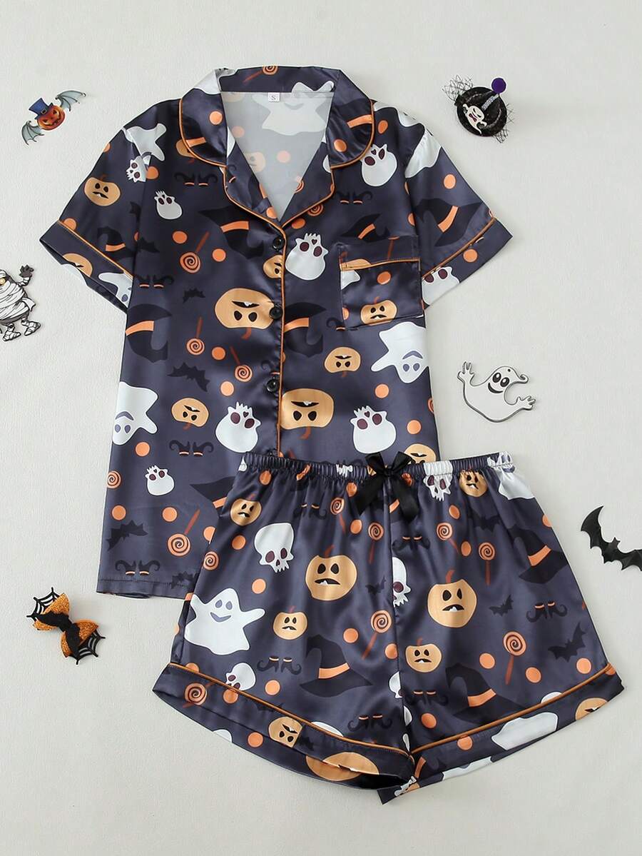 [梦幻]万圣节印花女士短袖短裤睡衣套装 - 灰石墨色 - 查看 1