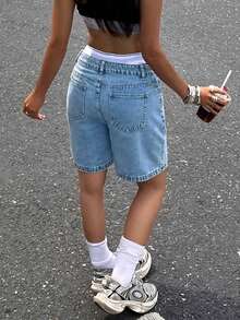 Women's Solid Color Patch Pocket Loose Bermuda Denim Shorts - Light Wash - View 8