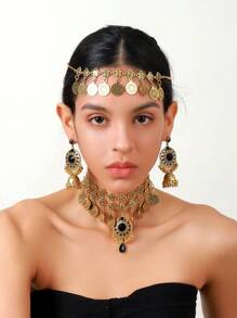 4pcs  Bollywood Style Women's Gold Necklace Set, Including 1pc Elegant Noble Fringe Necklace Studded With Purple/Green/White/Black Rhinestones, 1 Pair Exquisite Tassel Earrings, And 1pc Vintage Bohemian Style Head Chain, Ideal For Wearing At Festive Events Or As A Thanksgiving Gift Jewelry Set.