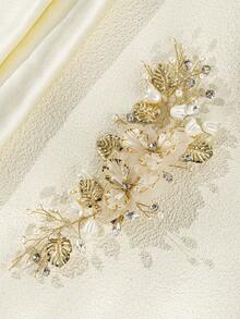 1件装花朵婚礼发夹金色珍珠发饰水晶新娘发饰女士情人节配饰 - 金色 - 查看 11