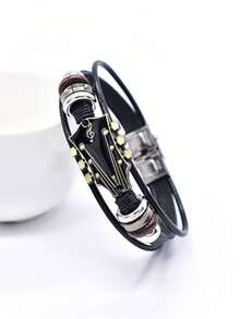 1pc Vintage Faux Leather Guitar Bracelet, Alloy Rock Music Guitar Bracelet For Men, Punk Style - Star - View 5