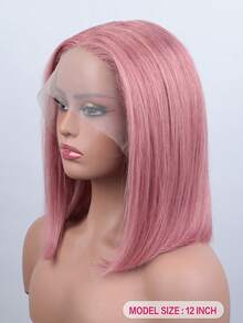 QVR QUEEN VIRGIN REMY Tóc giả bobo ren phía trước kiểu T-part 100% tóc thật, có tóc con, tóc Remy nguyên chất, tóc giả ren rẽ ngôi giữa, đường chân tóc tự nhiên, màu hồng không cần keo dán, dành cho nữ. - Hồng - Xem 3