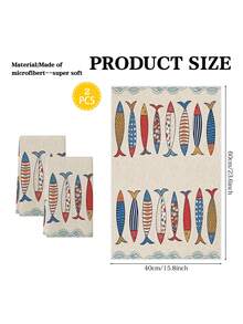 2pcs Vintage Sardine Pattern Kitchen Dishcloth, Made Of Superabsorbent Microfiber With Colorful Geometric Ocean Wave Design, Suitable For Housewarming, Home Cleaning Celebration, And As Countertop Cleaning Towel - Multicolor - View 2