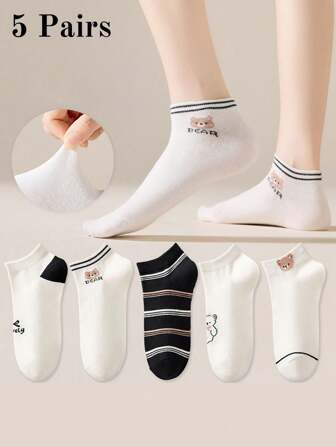 5pairs/Pack Spring Autumn Women's Ankle Socks Comfortable Casual Black White Bear Print Short Socks