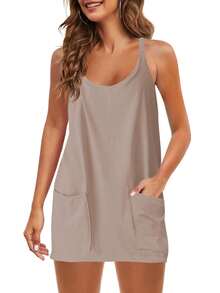 Womens Sleeveless Athletic Hot Shot Mini Dress With Built-In Shorts Sundress - Khaki - View 7