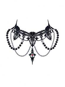 1 件十字蕾丝流苏串珠项链，黑色金属哥特暗黑风格，适合女性日常、派对、万圣节佩戴 - 黑色 - 查看 6