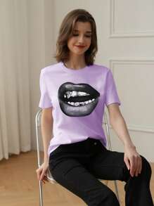 女士夏季休闲个性圆领短袖口图案T恤，时尚百搭夏装女装，夏季上衣