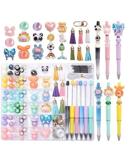 1set Beading Plastic Ballpoint Pen Set, Includes Keychain, Plastic Beaded Pen With Colorful Beads, Tassel And Lobster Clasp For DIY Pen Keychain Beading Making Kit For Students Party Gifts