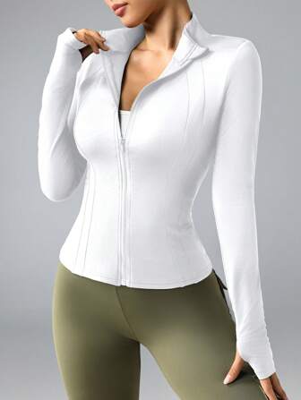 Chaqueta deportiva ajustada con cuello alto para mujer, cierre con cremallera, orificio para el pulgar, uso diario, fitness, running, yoga