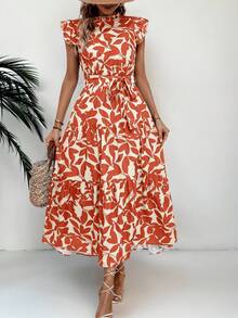 Vestidos Largos Casuales Elegantes Fiesta Moda Ropa Mujer,Vestido Con Cinturón Plisado Con Estampado Floral Y Diseño De Plantas - Naranja - Ver 1