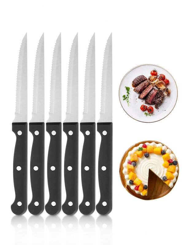 1/4/6 Stück Edelstahl Steakmesser Set - leichtes Design, schwarzer Griff, geeignet für Gemüse, Obst, Küche, Zuhause Kochen, Restaurant, Hotel, Hochzeit, Picknick, Outdoor Camping. Spülmaschinenfeste Bestecke, Dinner Messer, Edelstahl gezacktes Steakmesser