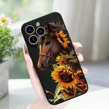 Horse And Sunflower Design Phone Case, Decorative Phone Cover, Phone 11 12 13 14 15 Pro Max Series Phone Accessories - Black - View 2