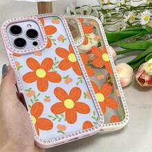 Funda para teléfono (1 unidad) Fondo blanco con flores naranjas y purpurina | Funda brillante para phone 11/12/13/14/15/16 - Rosa - Ver 2