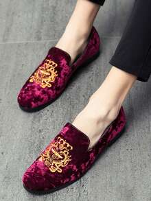 男士红色乐福鞋刺绣复古牛津一脚蹬平底正装鞋、驾车鞋、婚鞋 - 紅色 - 查看 7