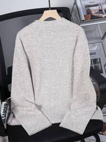 Grey Crew Neck Casual Knit Sweater For Women