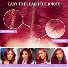 250% Density 99j Body Wave Wig13x4 Body Wave Human Hair Wig HD Lace Front Wigs Short Bob Wig For Women Burgundy Color - S99J - 查看 6