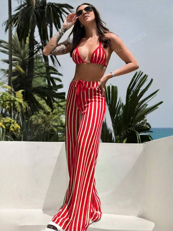 Conjunto de 3 piezas de ropa de baño de mujer, bikini de ganchillo, pantalones largos, cubrecuerpos de playa, traje de baño de estilo europeo para vacaciones de verano de mujer