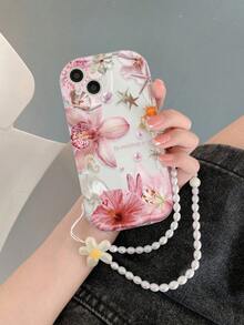 奶油色纹理波浪边亮面海星花朵彩绘防摔手机壳，配手工串珠手链配件
